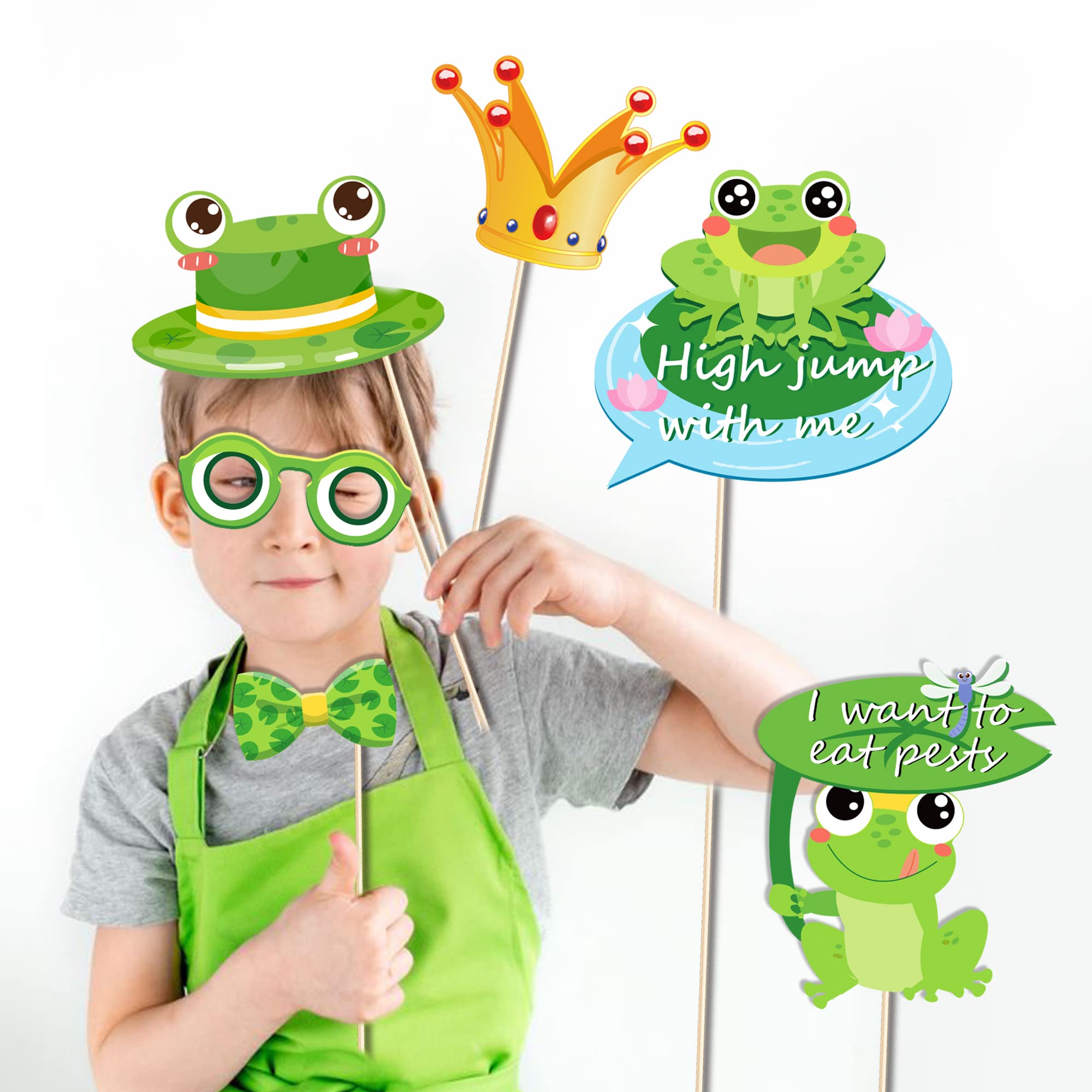 25Pcs Frog Photo Booth Props With Stick, Frog Party Decoration Supplies Princess Selfie Props Animal Party Photography Props For